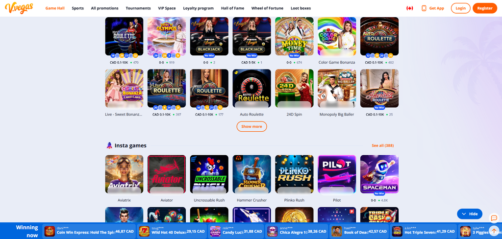 V.Vegas terms stating x3 wagering on fifty free spins at CAD 0.30